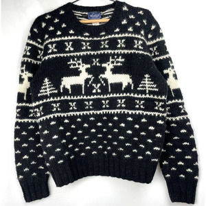 Woolrich Womens Wool Sweater Navy Blue White Deer Fair Isle Ski Christmas Size S